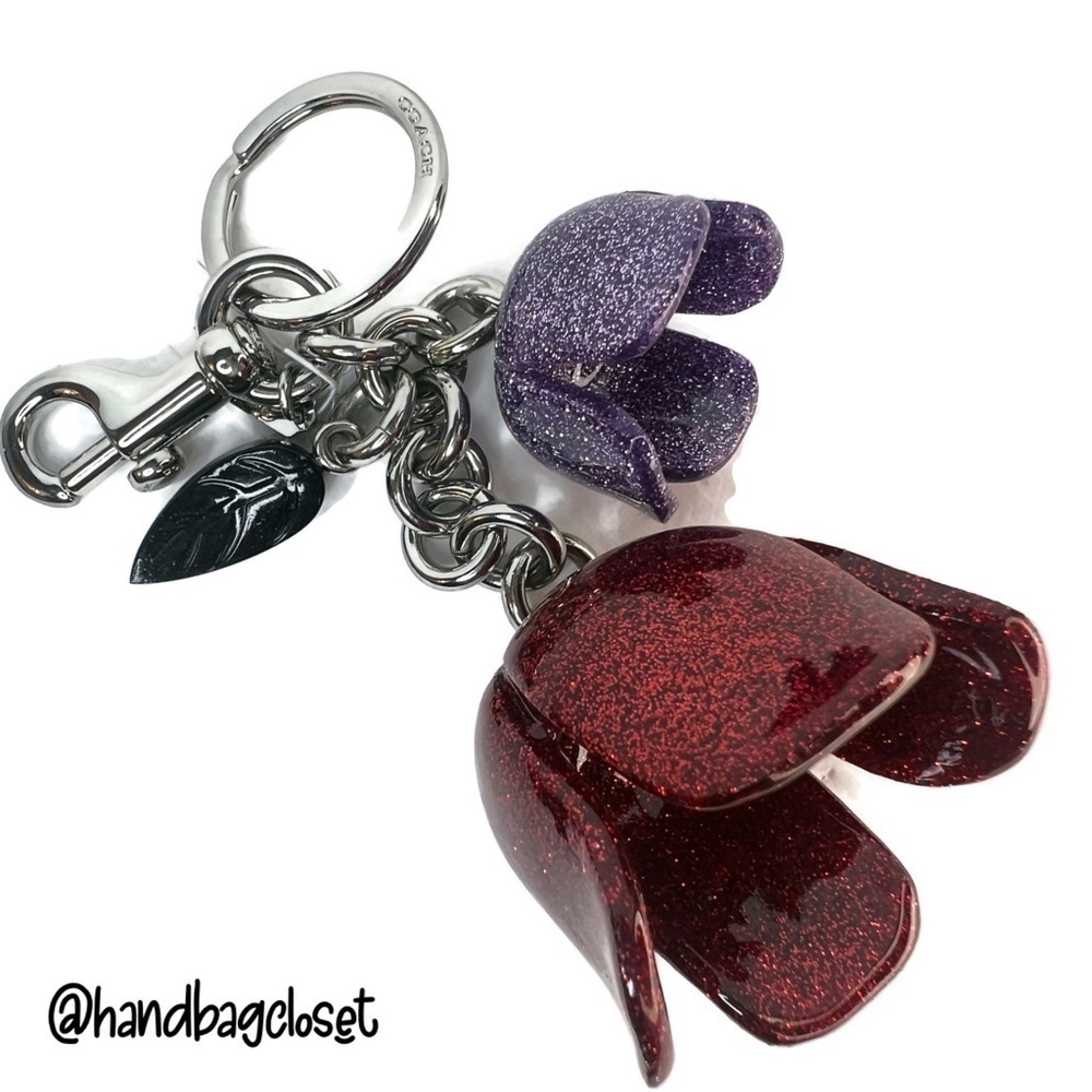COACH GLITTER RESIN TEA ROSE BAG CHARM F58514 SILVER RED PURPLE TULIP KEYCHAIN - Picture 3 of 11